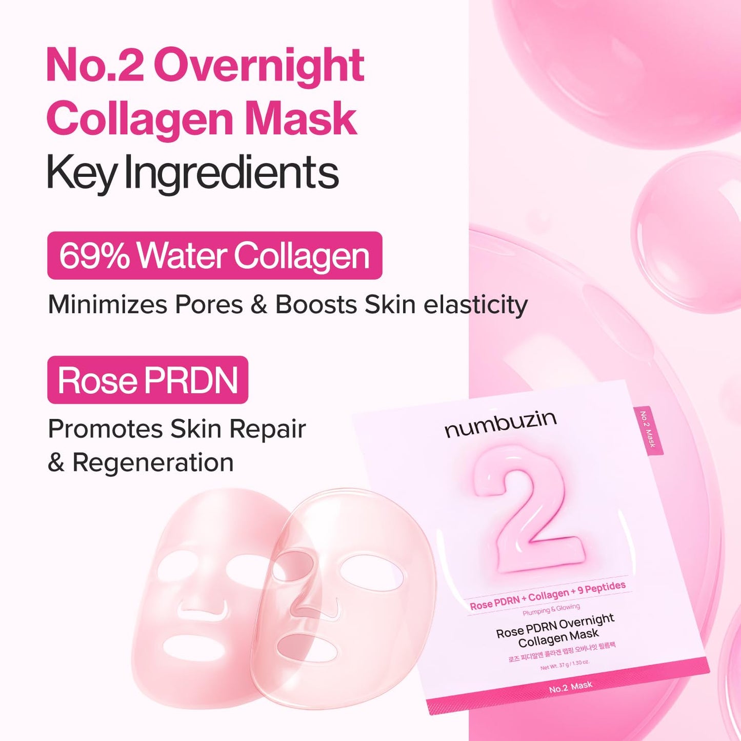 No.2 Overnight Face Mask | Rose PDRN Overnight Collagen Mask | Korean Glass Skin Essential | Elasticity, Hydrating, Firming, Enlarged Pores | Collagen, Peptides, PDRN | 37G, 4Ea