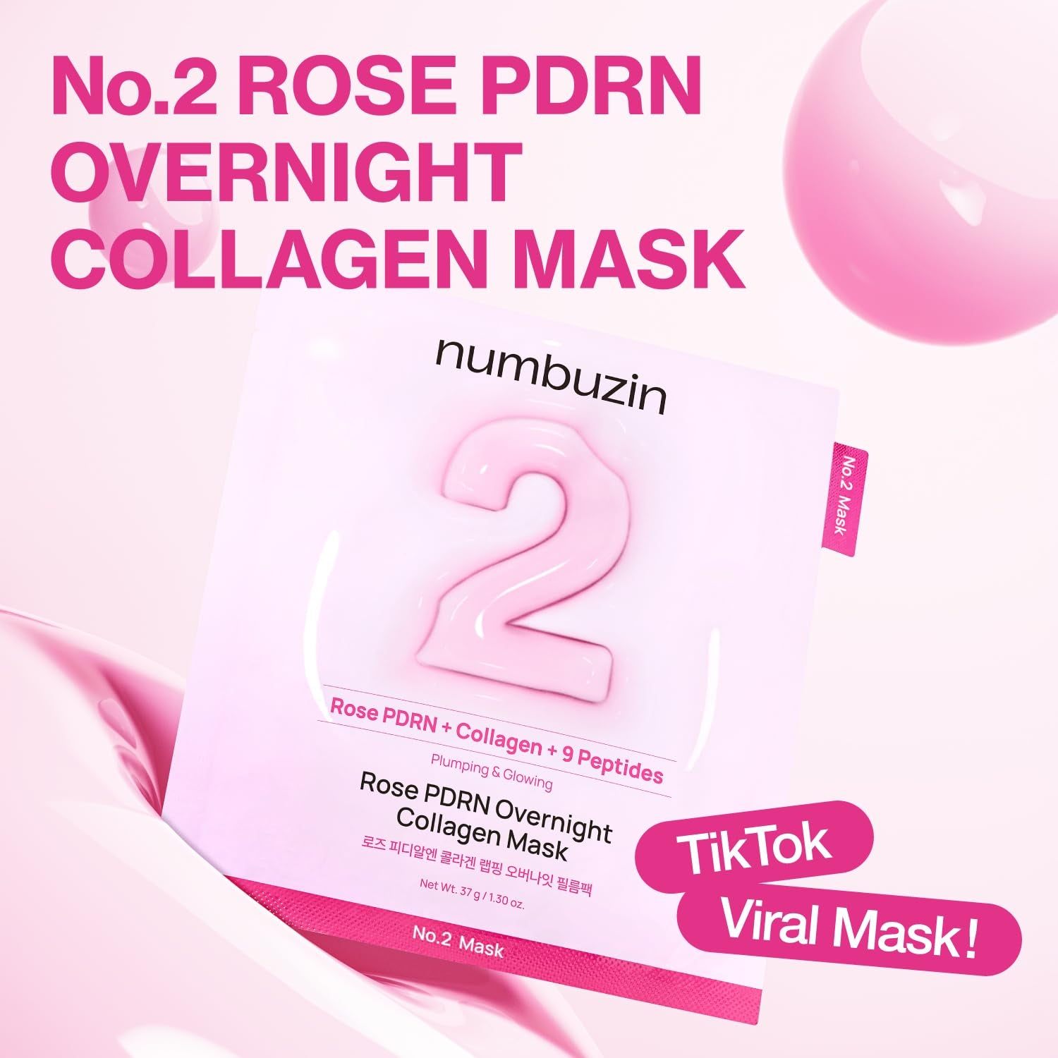 No.2 Overnight Face Mask | Rose PDRN Overnight Collagen Mask | Korean Glass Skin Essential | Elasticity, Hydrating, Firming, Enlarged Pores | Collagen, Peptides, PDRN | 37G, 4Ea