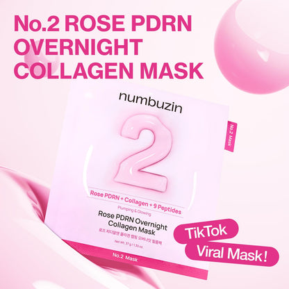 No.2 Overnight Face Mask | Rose PDRN Overnight Collagen Mask | Korean Glass Skin Essential | Elasticity, Hydrating, Firming, Enlarged Pores | Collagen, Peptides, PDRN | 37G, 4Ea