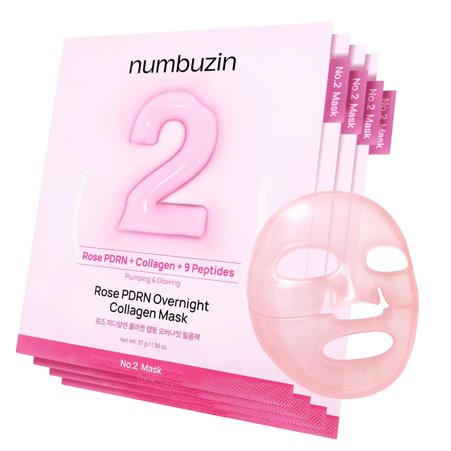 No.2 Overnight Face Mask | Rose PDRN Overnight Collagen Mask | Korean Glass Skin Essential | Elasticity, Hydrating, Firming, Enlarged Pores | Collagen, Peptides, PDRN | 37G, 4Ea